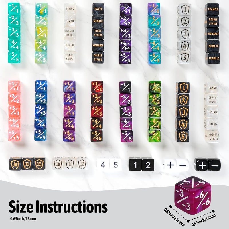 Ravonixis 100 PCS MTG Dice Set – Ability Keyword Counters, +1/-1 Life Counter Shield Shaped Dice, D20 Number Dice, Buff Tokens, with 2 Velvet Bags for Storage - Image 3